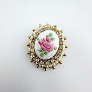Vintage Coro Gold Tone Pink Rose‎ Enamel Rhinestone Faux Pearl Oval Brooch Pin
